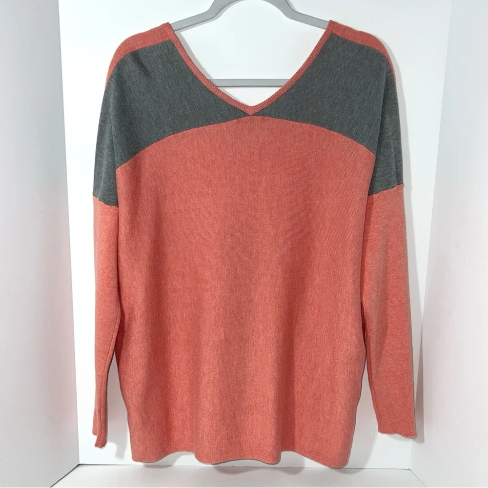 Lilla P‎ Woman's Coral Grey Modal Cotton V Neck Relaxed Fit Sweater Size XL